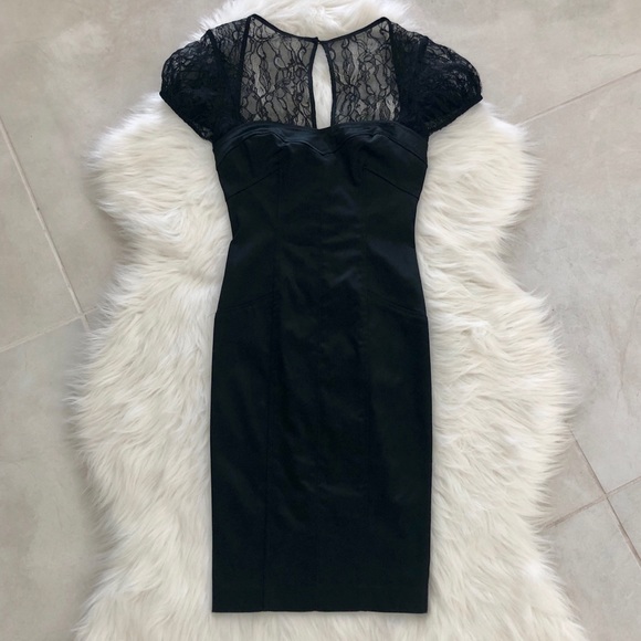 bebe Dresses & Skirts - Bebe Black Satin & Lace Bandage Dress, size S